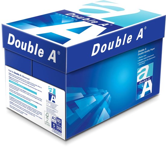 Een open doos Double A A3 papier, blauw met witte 'a' logo's en drukwerk op de zijkanten.