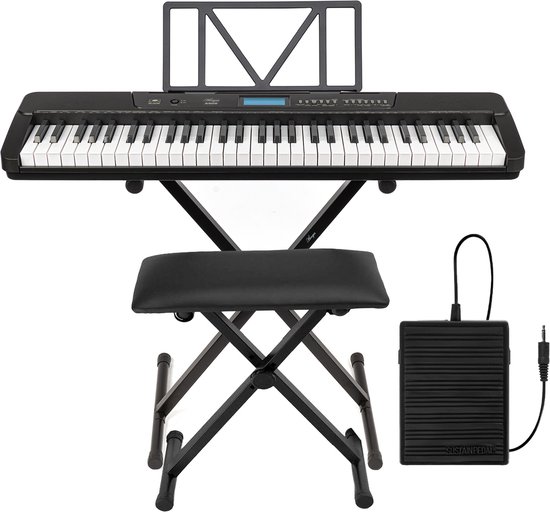 Ensemble clavier - Piano à clavier Áengus A902 avec 61 touches lumineuses sensibles à la vélocité, USB MIDI + Pédale de sustain, Support de clavier et Tabouret de piano