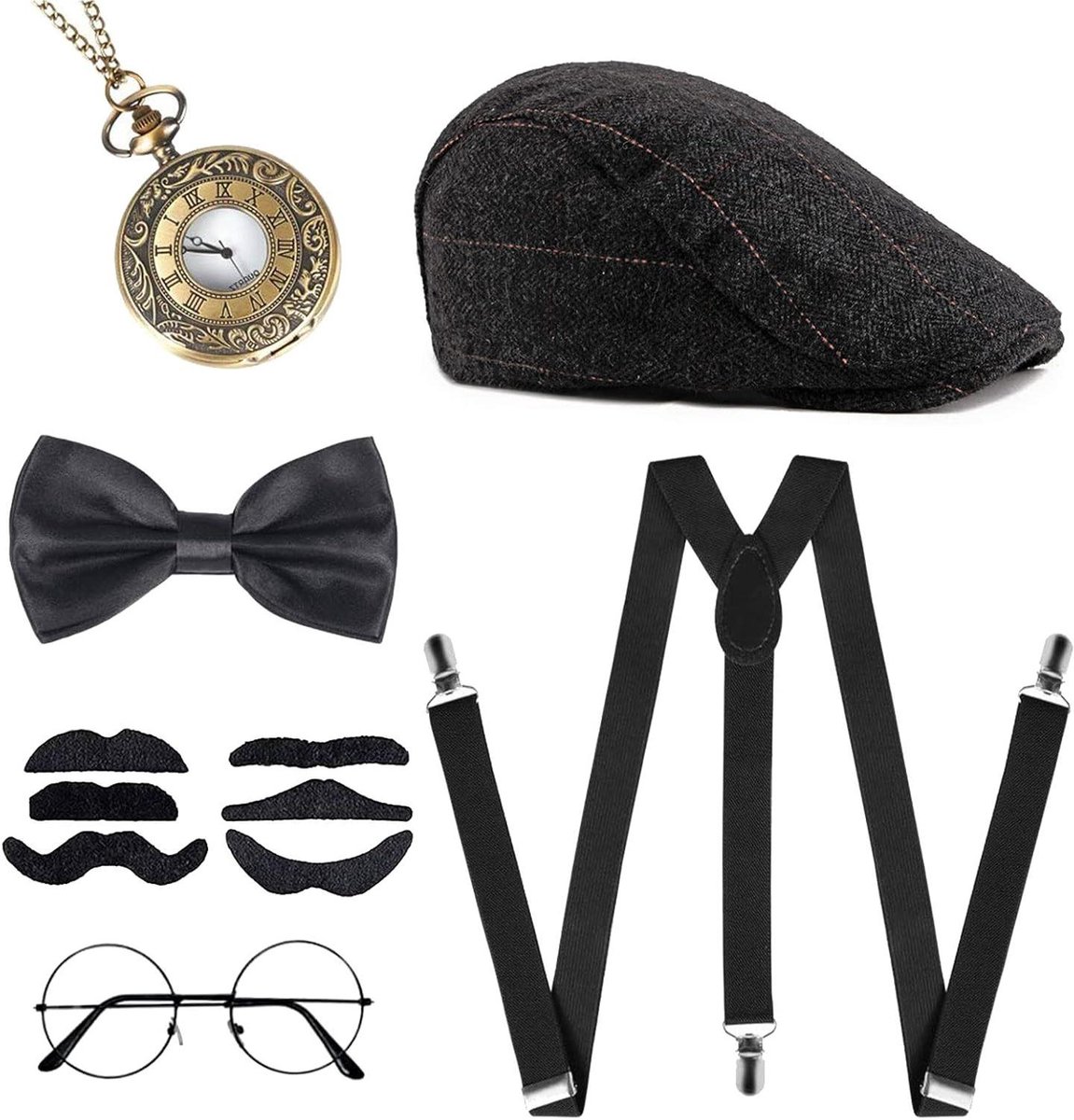 JOPHEK Peaky Blinders Mafia Costume Men's Party Gangster Panama Hat Pocket Watch Braces Bow Tie Beard Glasses Carnival Halloween
