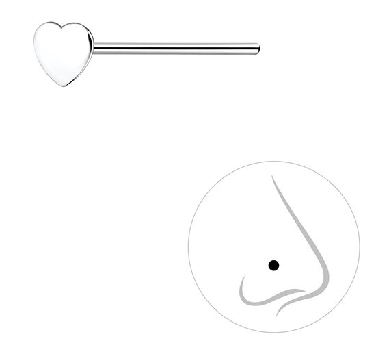 Zilverkleurige neuspiercing met een gepolijst hartje en een zilverkleurige staafje. Illustratie van een neus met een neuspiercing.
