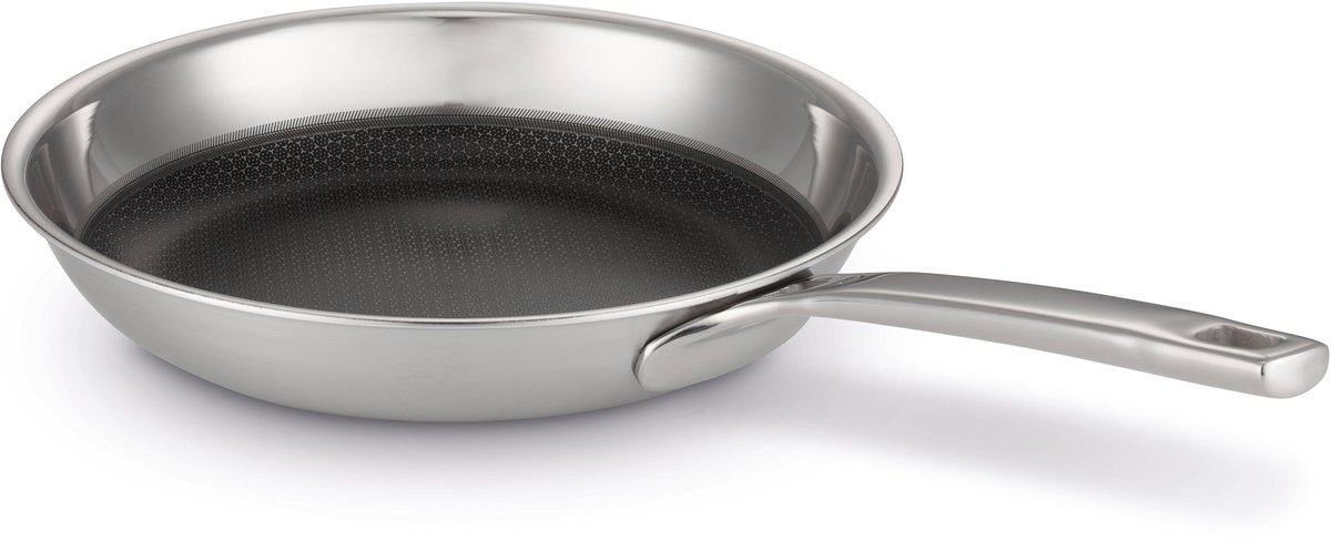 KitchenFun Hexa hybrid ns Koekenpan Ø 28CM – RVS- 100% PFAS Vrij – Hybride Keramische Anti-aanbaklaag – Strak design – Ergonomische Steel – Inductie geschikt- Grijs