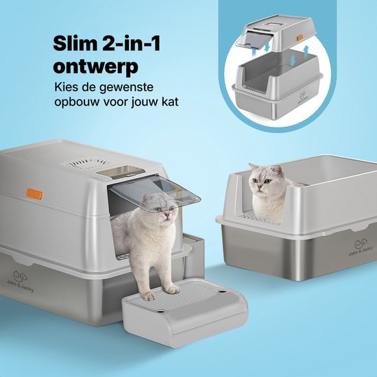 Jake and Jacky RVS Kattenbak - Kattentoilet Roestvrijstaal - Incl. Kattenbakschep met Houder en Gritopvang Opstapje - 2 in 1 Open Kattenbak met Afneembare Deksel - 60x40x38cm - Grijs
