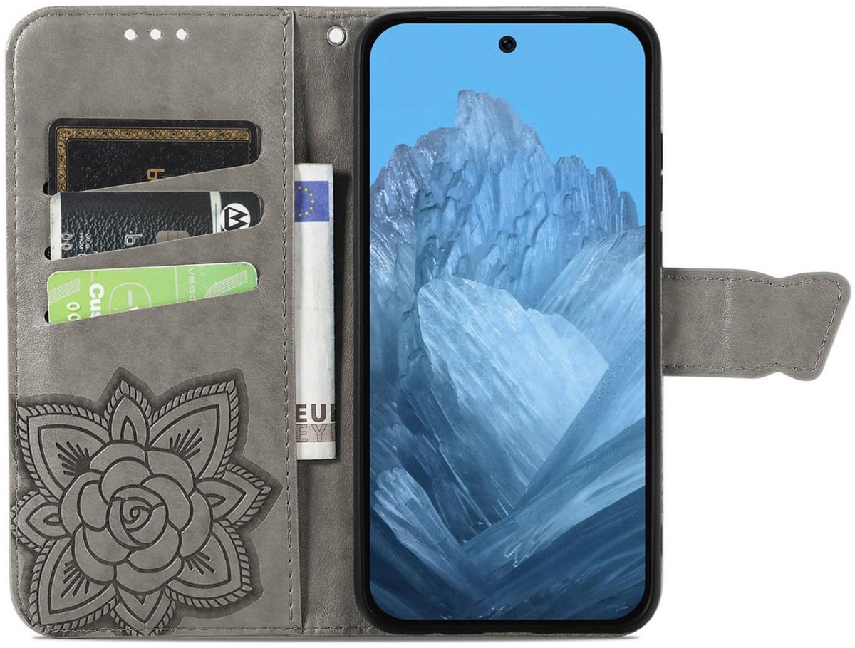 Mobigear Telefoonhoesje geschikt voor Google Pixel 9 Hoesje | Mobigear Butterfly Bookcase Portemonnee | Pasjeshouder voor 3 Pasjes | Telefoonhoesje voor Pinpas / OV Kaart / Rijbewijs - Grijs