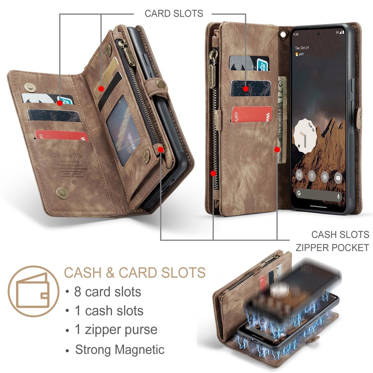 CaseMe Telefoonhoesje geschikt voor Google Pixel 9 Pro XL Hoesje | CaseMe 008 Uitneembare 2in1 Bookcase Portemonnee | Pasjeshouder voor 8 Pasjes | Telefoonhoesje voor Pinpas / OV Kaart / Rijbewijs - Bruin