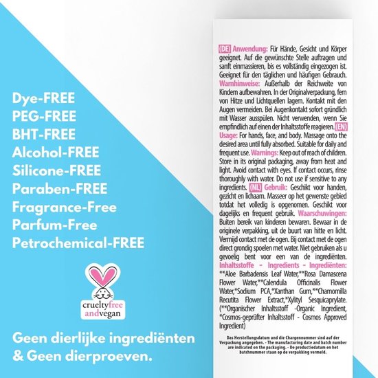Productinformatie met lijst van vrije stoffen zoals 'Dye-Free', 'PEG-FREE', 'Fragrance-Free', en 'crueltyfree andvegan' logo.