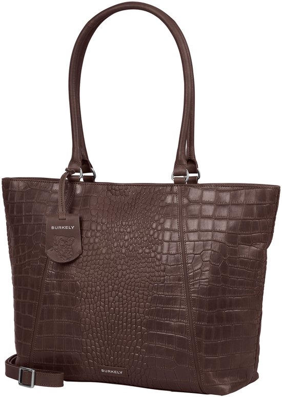 Bruine Burkely tas met krokodillenprint, handvatten, afneembare schouderriem en merklabel.