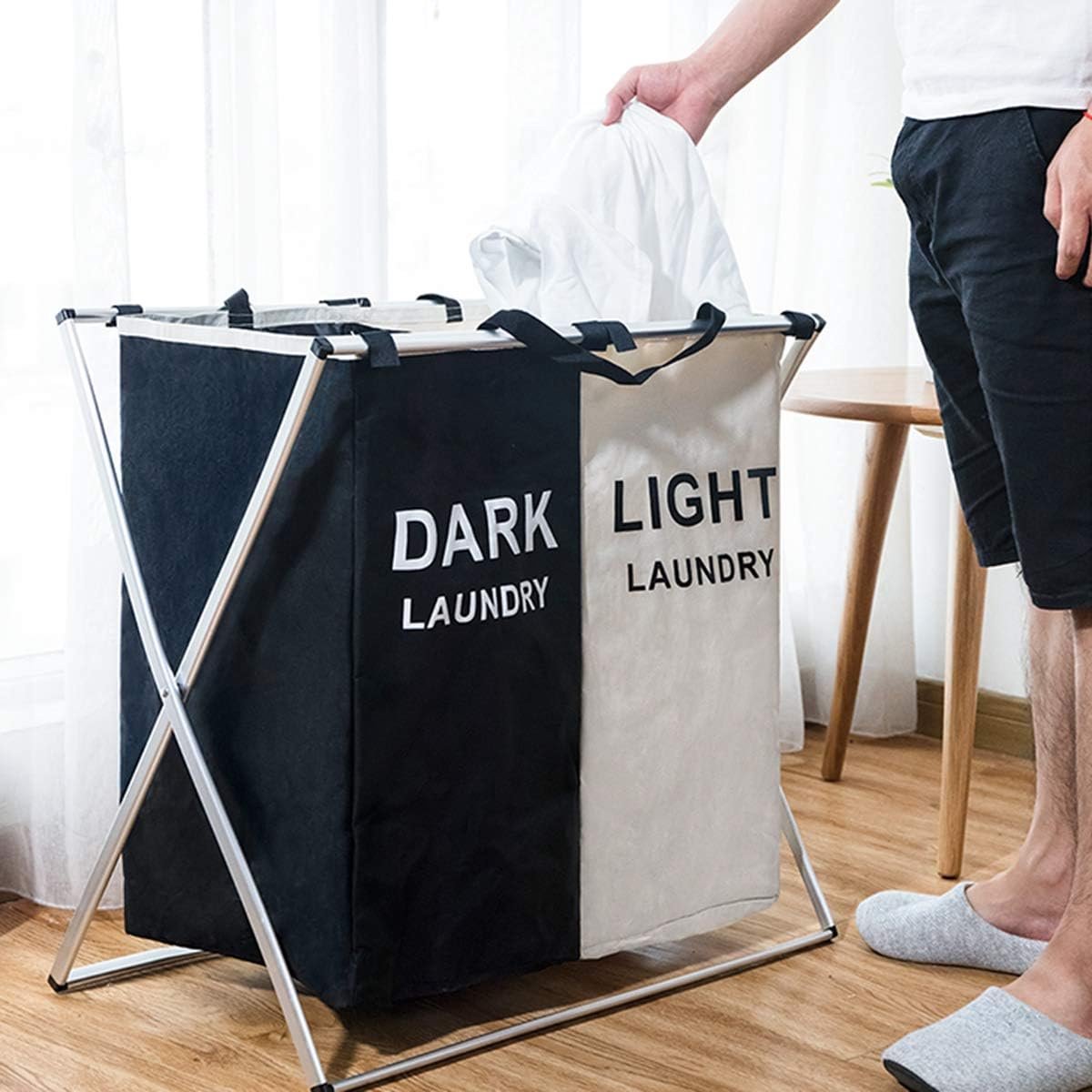 Goedkoopste Opvouwbare Wasmand - Wasmanden Sorteermand - Vouwbare 2 Compartimenten Waszak - Mand voor Vuilwas - Aluminium Frame - Voor Badkamer, Slaapkamer, Thuisgebruik - Zwart Beige
