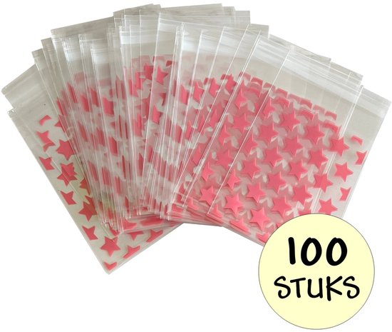 50 Uitdeelzakjes Hartjes Design 10 X 10 Cm Met Plakstrip - Cellofaan Plastic Traktatie Kado Zakjes Snoepzakjes Koekzakjes Koekje Cookie Bags Hearts Love