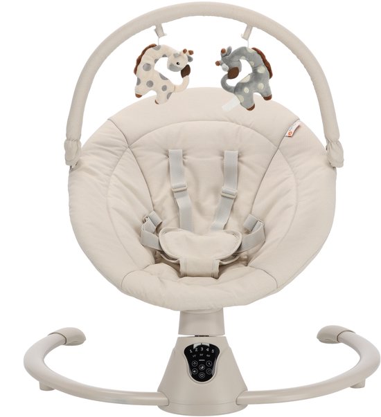 Crèmekleurige babyschommel met zachte, gewatteerde zitting en verstelbare gordels. Drie giraffenspeeltjes hangen aan de speelboog.