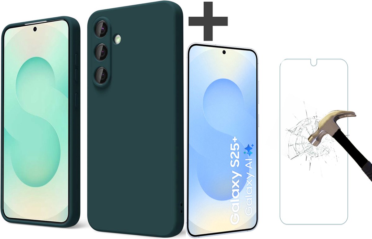 BixB hoesje met screenprotector van gehard glas geschikt voor Samsung Galaxy S25 Plus hoesje zacht siliconen backcover - Pine Groen