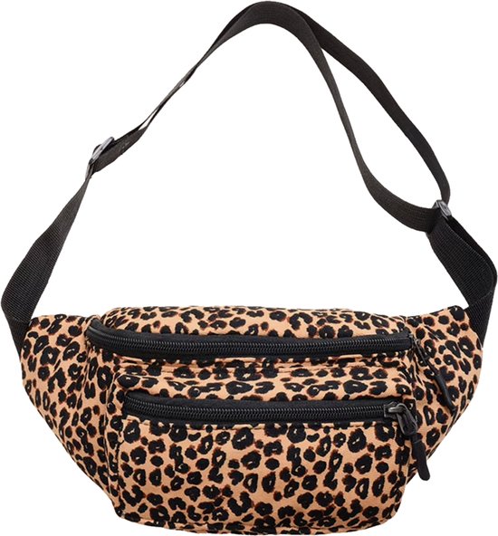 Sac banane imprimé léopard, deux poches avant zippées et une sangle réglable.