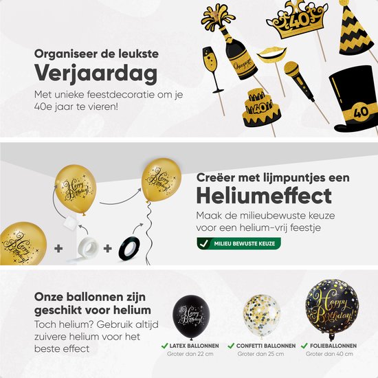 Un collage de décorations pour un 40e anniversaire : articles de fête, ballons, instructions pour un effet hélium et différents types de ballons.