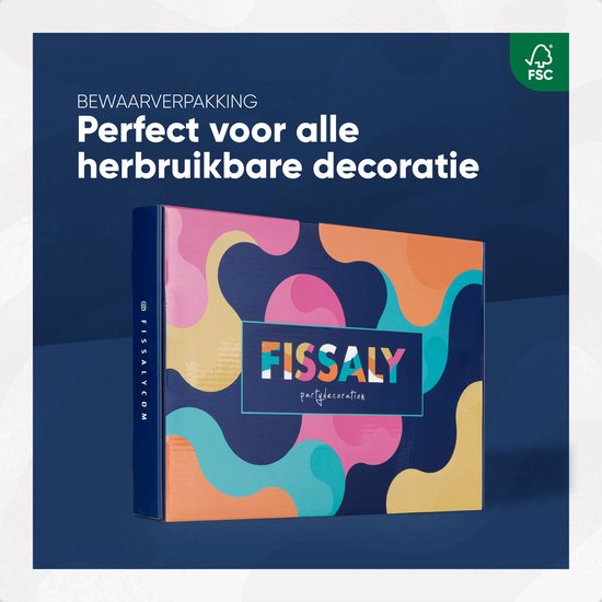La boîte d'emballage de décoration de fête Fissaly avec un design abstrait et multicolore.