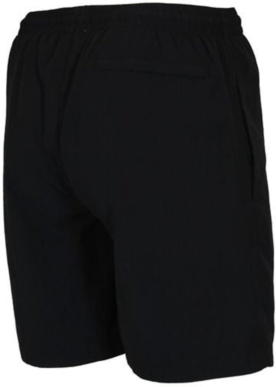 Zwarte sportshort van de achterkant met elastische tailleband en een zak.