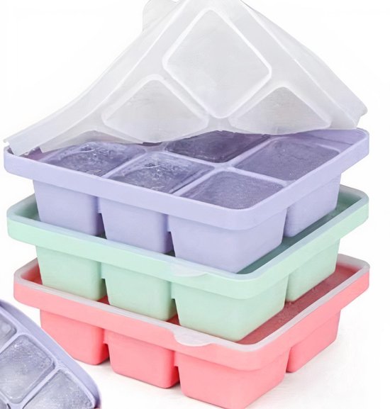 Foto: Zylaro 3 delige siliconen ijsblokjesvorm ijsblokjesvormen met deksel vaatwasmachinebestendige 3x6 cellen 5 cm grote ijsblokjes voor bier cocktails whisky koude dranken ijs babysnacks groen paars roze gepatenteerde producten