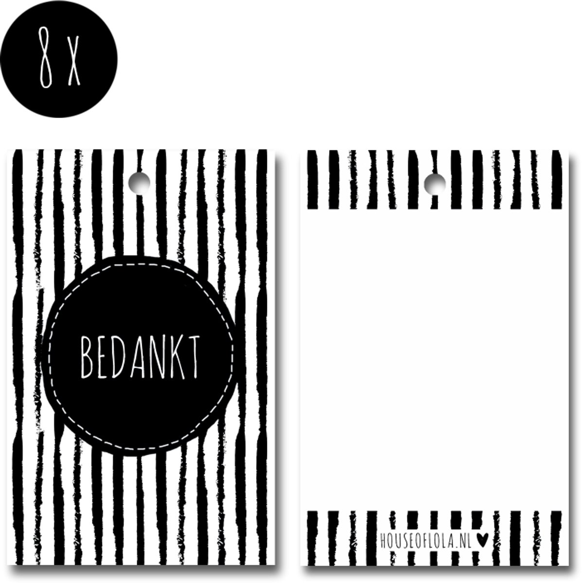 8x Label / Kaartje van karton / Cadeaulabels / Labels | BEDANKT | 85 x 55 mm | zwart-wit