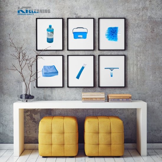 Galerij met schilderijen van schoonmaakartikelen: fles, emmer, borstel, doeken, schraper, raamtrekker.