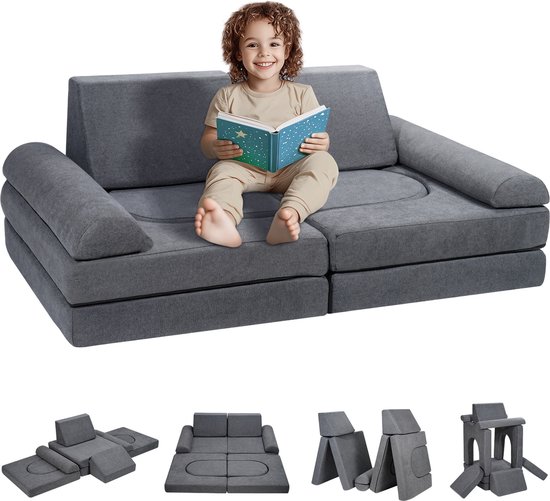 VEVOR Modulaire kinderbank 4-delig, modulaire kinderbank met afneembare overtrek, doe-het-zelf schuimstoel, creatieve speelkamermeubels voor kleine leeskinderen, donkergrijs