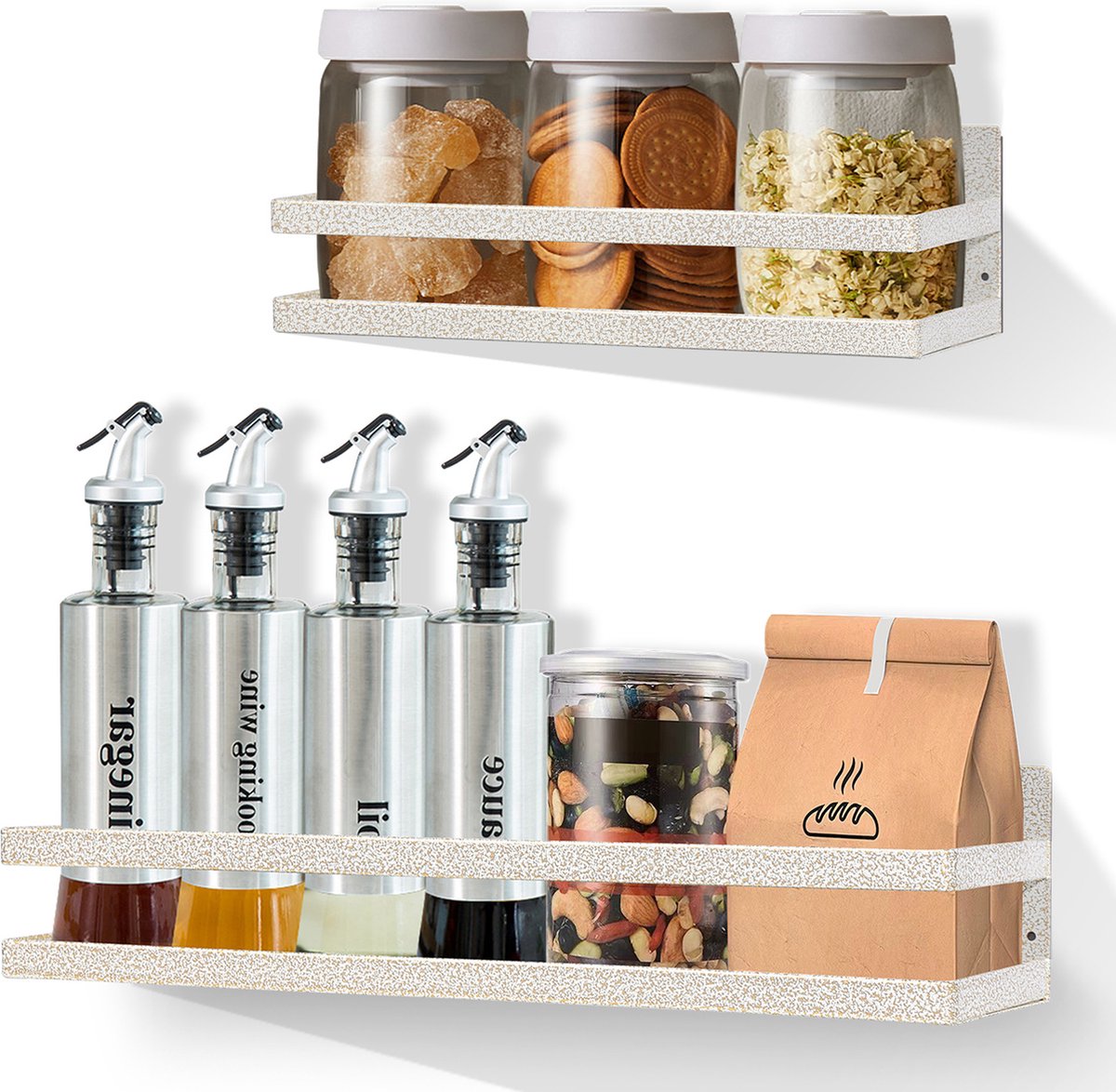 Uten Kruidenrek Magnetisch Ophangbaar - Kruiden Organizer - 2 Keukenrekken - Spice Rack - 2 Planken (L x B) 30 x 10.5 | 40 x 11.5 cm - Witte coating met goudkleurige adertjes (4 Kleuren)