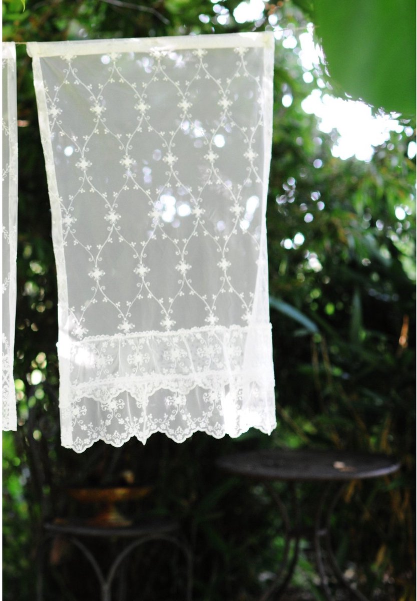 Korte Gordijn | Estelle - Geborduurd Kant - Dubbele Ruches & Tunnelafwerking - Off-White - 50x75 cm - Pimlico
