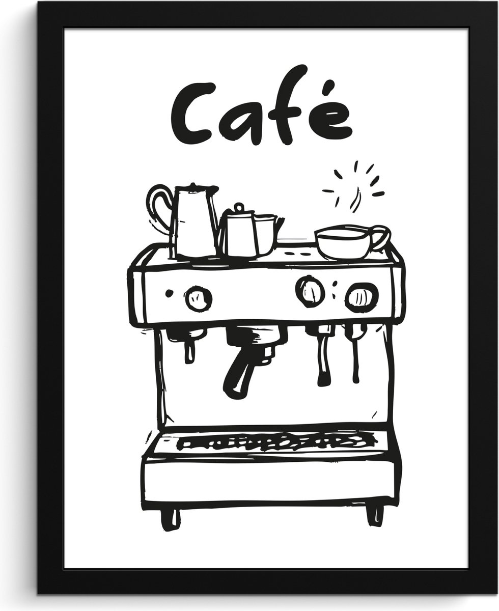 FrameYourWall Fotolijst inclusief poster - Posterlijst 30x40 cm - Posters - Illustratie - Café - Koffiemachine - Kopjes - Foto in lijst - Keuken decoratie muur - Wanddecoratie accessoires - Muurdecoratie - Schilderijen