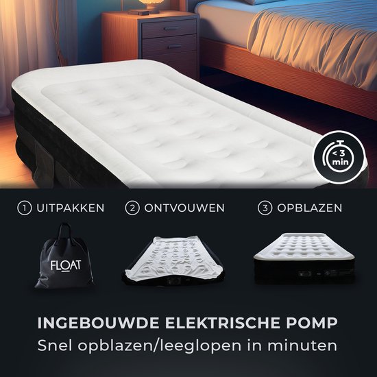 FLOAT - 1 Persoons luchtbed met ingebouwde elektrische pomp - 203x99x45 cm - Opbergzakken, draagtas en reparatiekit - Zelfopblazend hoog eenpersoons luchtmatras - Queen Logeerbed - VersaVento