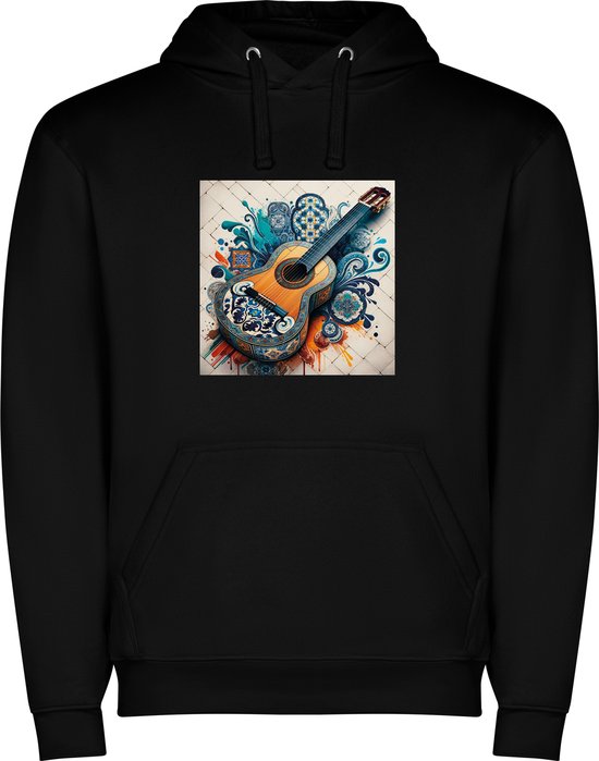Foto: Zwarte unisex hoodie met kleurrijke gitaar muziekinstrument muziek akoestisch print full color color merk roly maat s