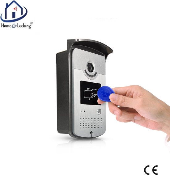 Zilverkleurige video-intercom met scherm, camera, en een blauwe tag die wordt gebruikt.
