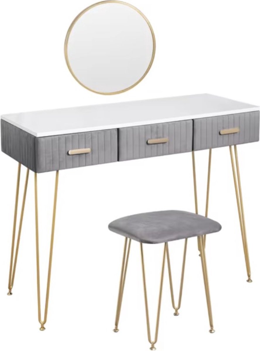 Kaptafel met kruk en spiegel - Make-up tafel - Grijs - Fluweel - 3 Lades - Tafel Meubelen