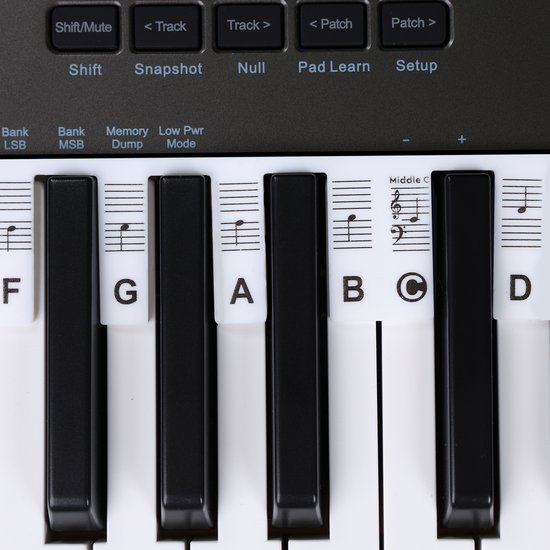 Close-up van witte en zwarte pianotoetsen met witte stickers met muzieknoten en letters A, B, C, D, G, F.