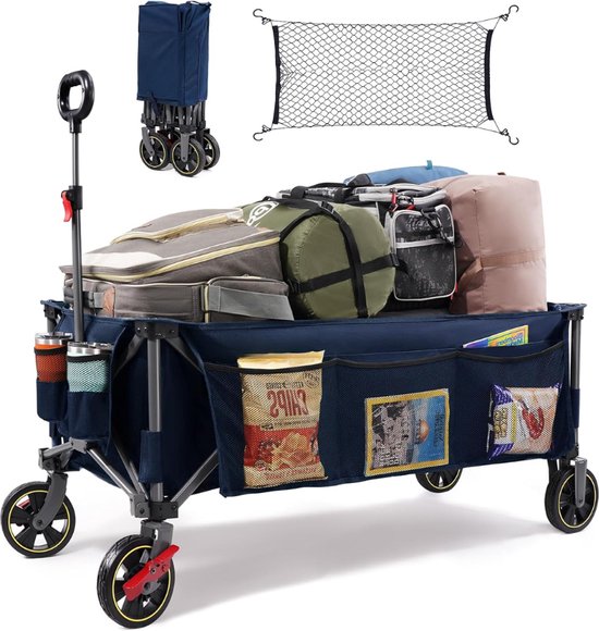 Portal Bolderkar, opvouwbaar, XXL, groot laadvlak, belastbaar tot 120 kg, handwagen met bekerhouder, zijvak, transportwagen, ladderwagen, inklapbaar, strandwagen, vouwwagen voor tuin, camping