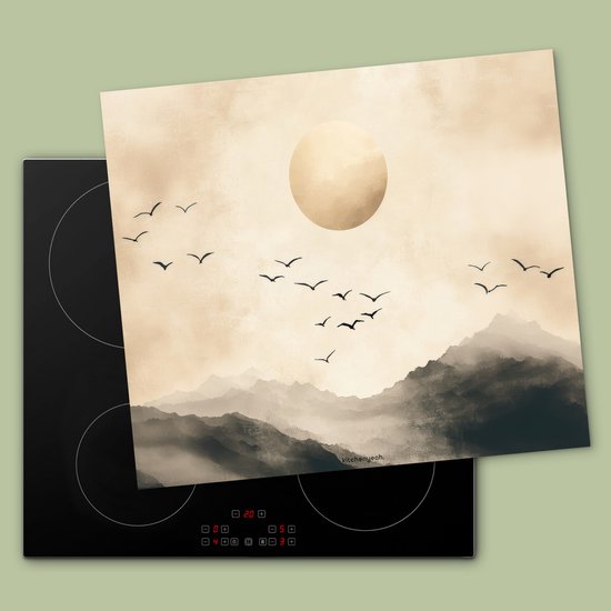 KitchenYeah® Protection plaque induction 60x52 cm - Paysage - Japandi - Oiseaux - Protege plaque de cuisson - Couvre plaque induction - Protecteur d'induction - Cuisine