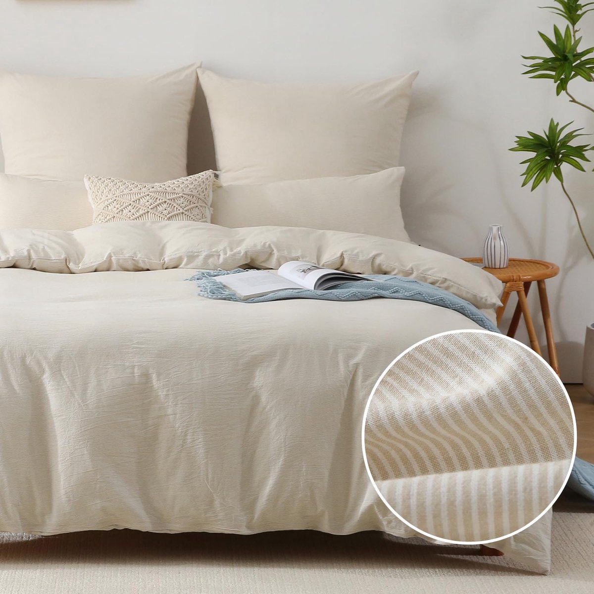 Unyqoos ® Beddengoedset van 135 x 200 cm met Stijlvolle Gestreepte Ontwerp en Hoogwaardige Katoen beige
