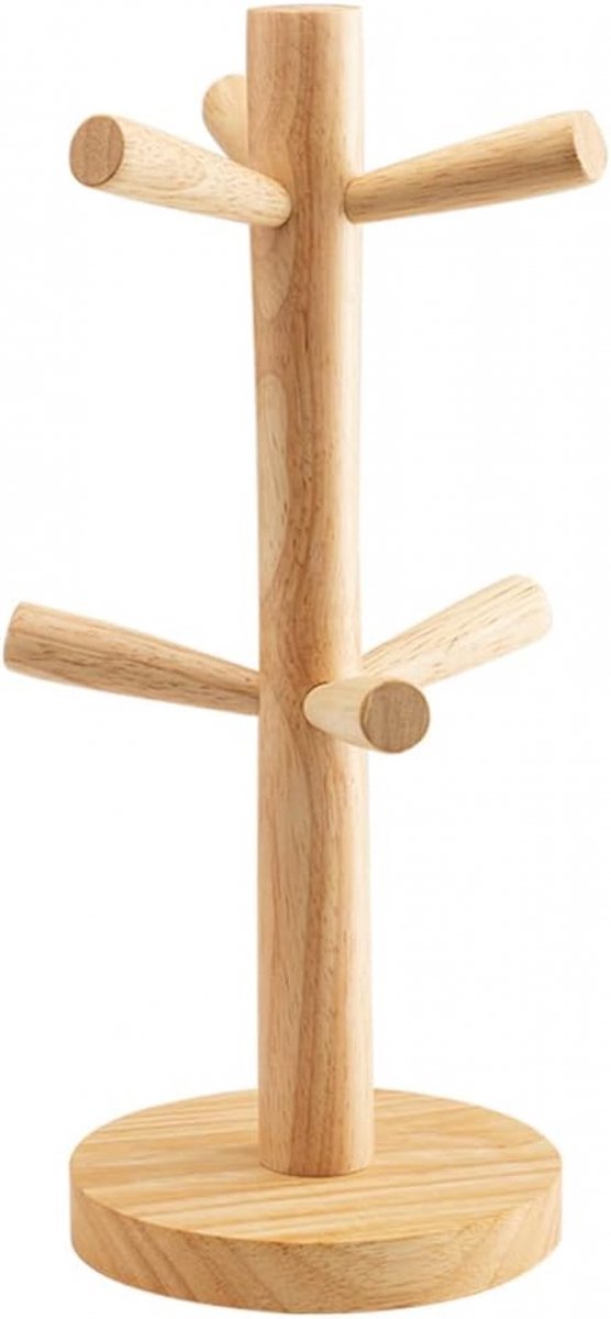 Bekerhouder - mokhouder - Keuken Opbergrek - koffiekopjesrek - Opbergrek - Kopjesrek - bamboe bekerhouder - met 6 Haken - bamboe hout - Ronde bodem - voor aanrecht en Koffiebar Accessoires - voor koffie, theemokken, kopjes