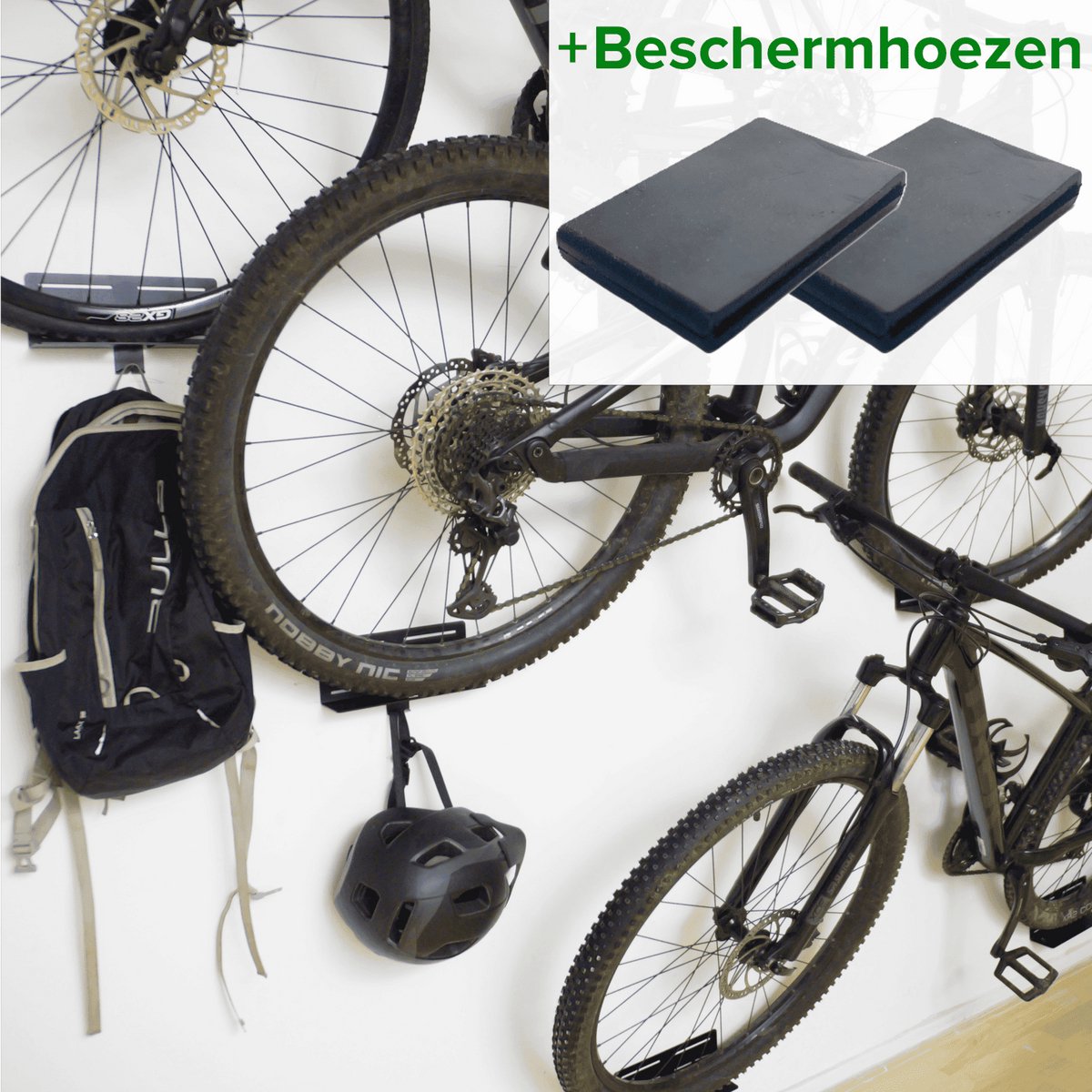 Flowter® Pedaalhanger Plus met Beschermhoezen - Fiets ophangsysteem - Ruimtebesparende fiets ophangbeugel voor MTB, racefiets en e-bike - Fietsbeugel met kledinghaakje - Stijlvolle fiets muurbeugel die het pedaal gebruikt - Fiets ophangbeugel