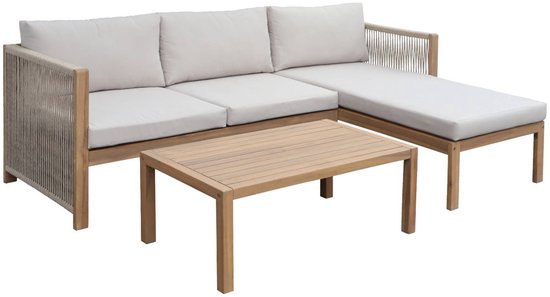 sweeek - Hoek tuinset van acaciahout, polyester touw, 4 plekken rechthoekige tafel