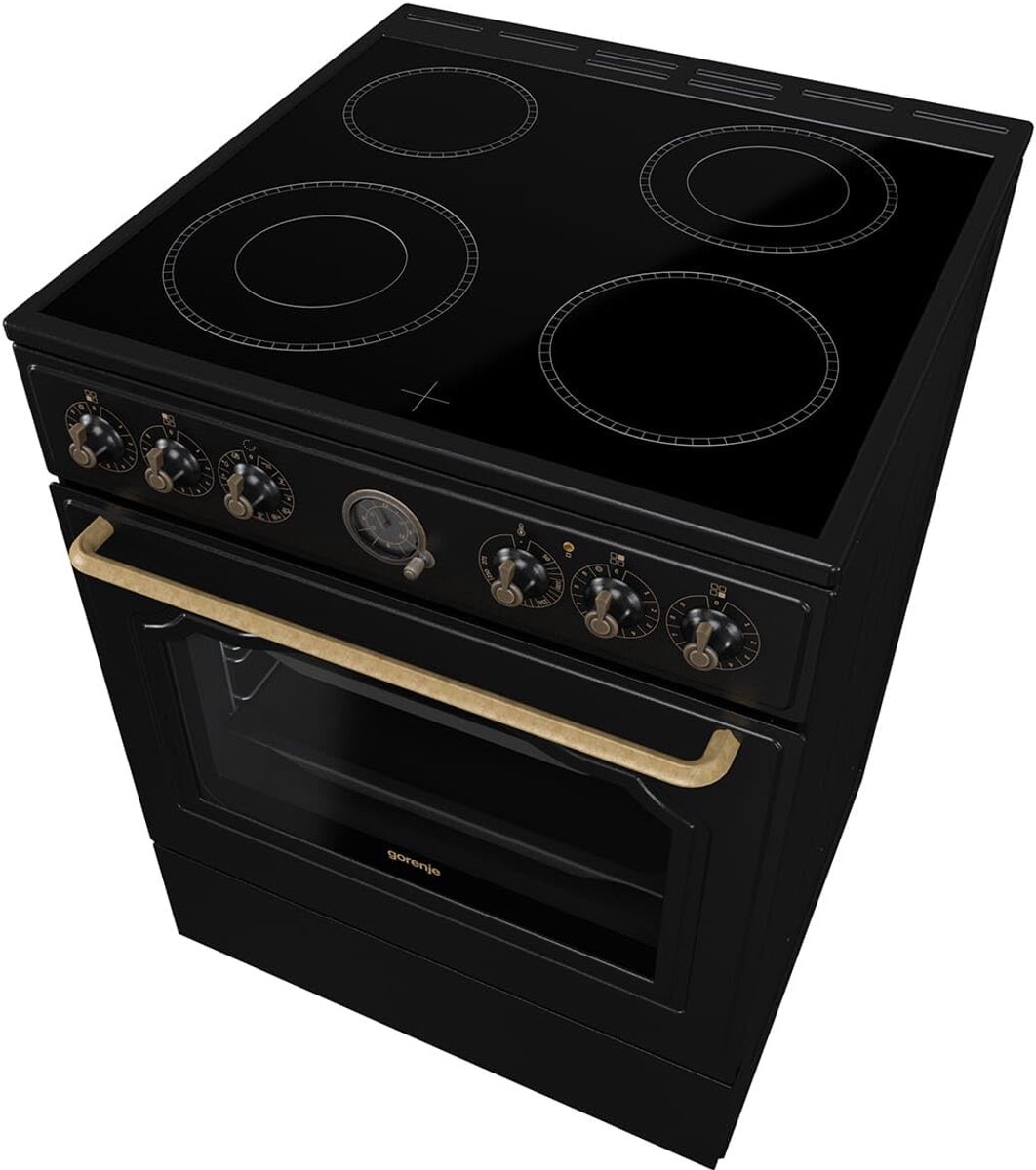 Gorenje Classico GECS 6 B70CLB Elektrisch fornuis met glaskeramische kookplaat, retro design, 60 cm, 71 liter, Gentle Close, snelopwarming, AirFry/ExtraSteam/Pizzamodus/AquaClean/zwart