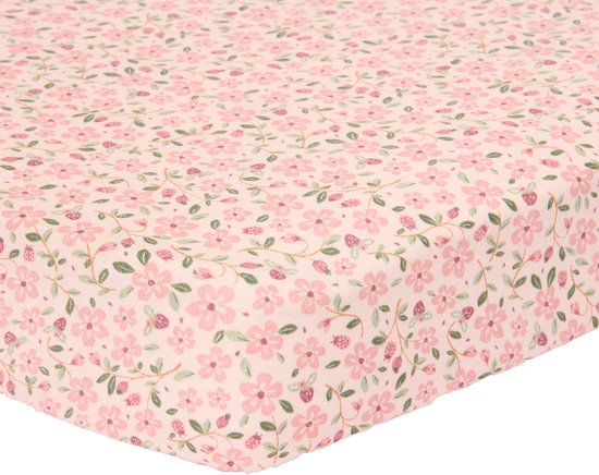 Lichtroze hoeslaken met kleine roze bloemen en groene blaadjes.