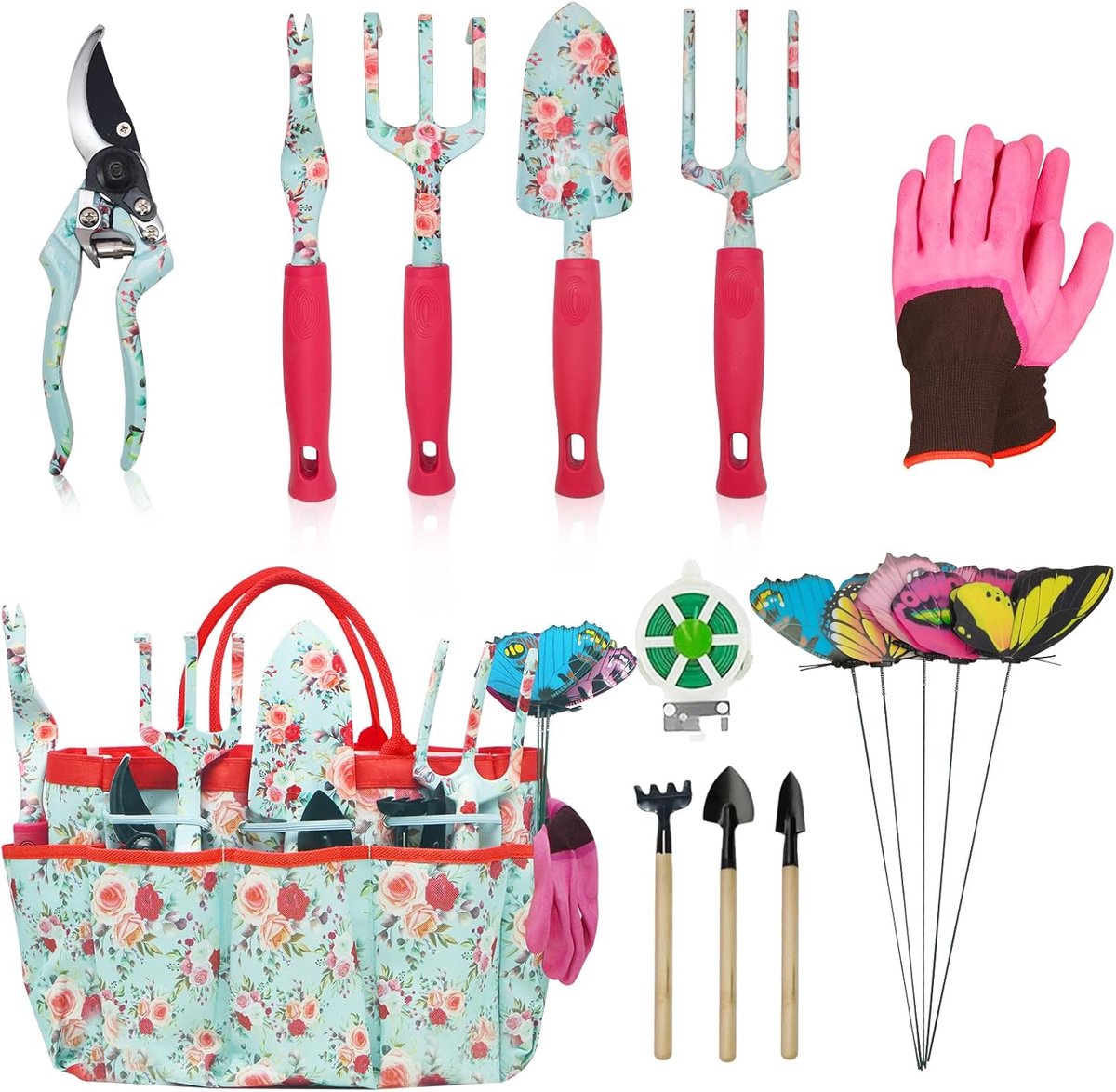 Candala Tuingereedschapset, 16-delige tuingereedschapsgeschenken voor vrouwen en mannen, bloementuingereedschap geschenkkits met snoeischaar, opbergtas met groot handvat, zwaar tuingereedschap (rode bloemen)
