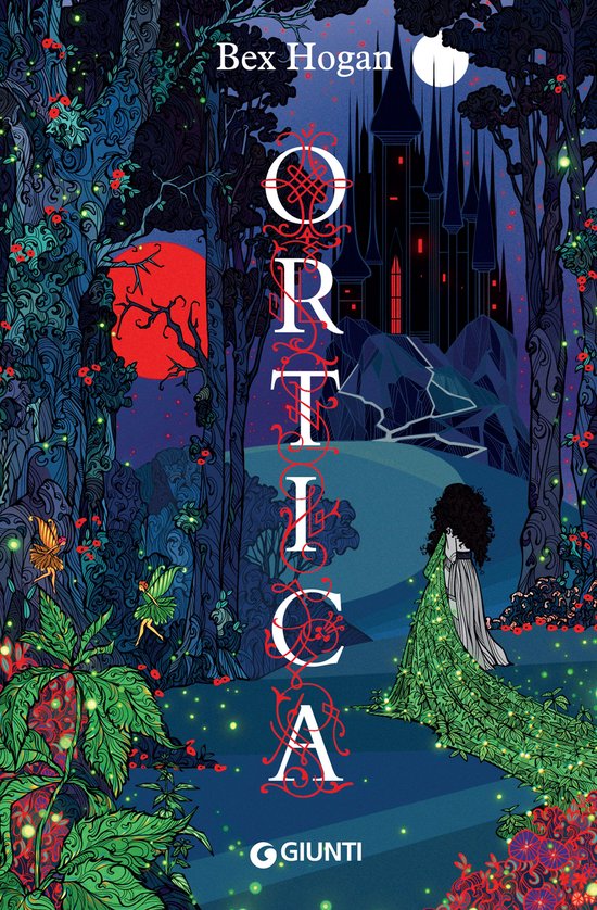 Boek "Ortica" met een mystieke bos scène, een kasteel op een heuvel en een vrouw in een groene jurk.