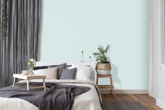 Een slaapkamer met een ijsblauw geverfde muur.