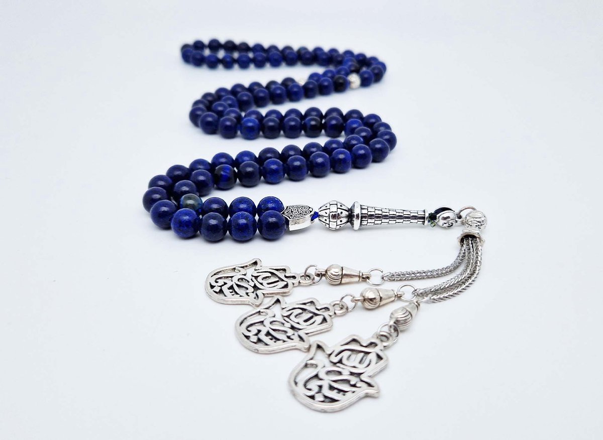 Handgemaakte tesbih "Tasbih" natuursteen " Azuur" - Aantal kralen 99 - Diameter kralen 8MM - met metaal tassel "Maryams handpalm" - Een mooi cadeau-idee