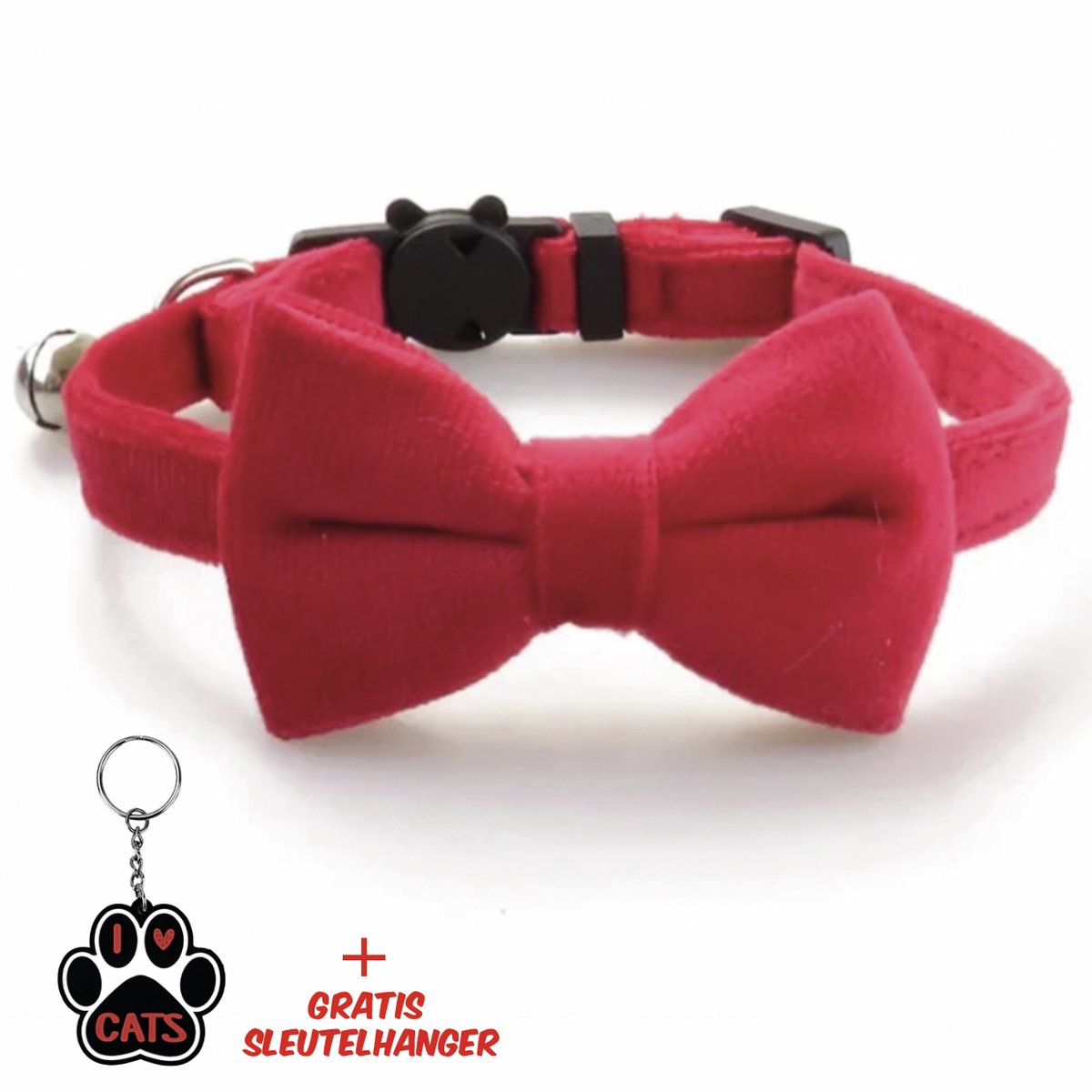 SilverAndCoco® - Katten Velvet Halsband met Strik en Bel | met gratis Sleutelhanger | Kat Kitten Versiering | Suède Vlinderstrik Strikje Belletje | Kattenhalsband Kleding Decoratie Pakket | Rode Feest Set Huisdier Cadeau Cadeautje - Rood