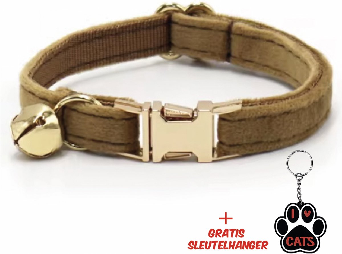 SilverAndCoco® - Bruine Katten Halsband met Bel met Gratis Sleutelhanger | Velvet Kat Kitten Bandje met belletje | Kattenhalsband Suède Gouden | Kleding Decoratie | Kattenbandje Huisdier - Bruin / Goud