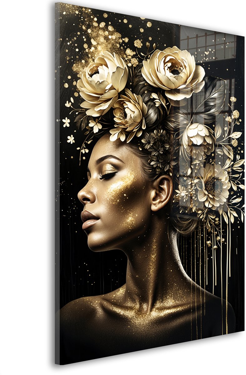 Glasschilderij Gouden bloemenpracht godin - 30 x 20 cm - Vrouw - Bloemen en Planten, Portretten - Acrylaat - Inclusief wandbevestiging - Foto op plexiglas - Wanddecoratie woonkamer