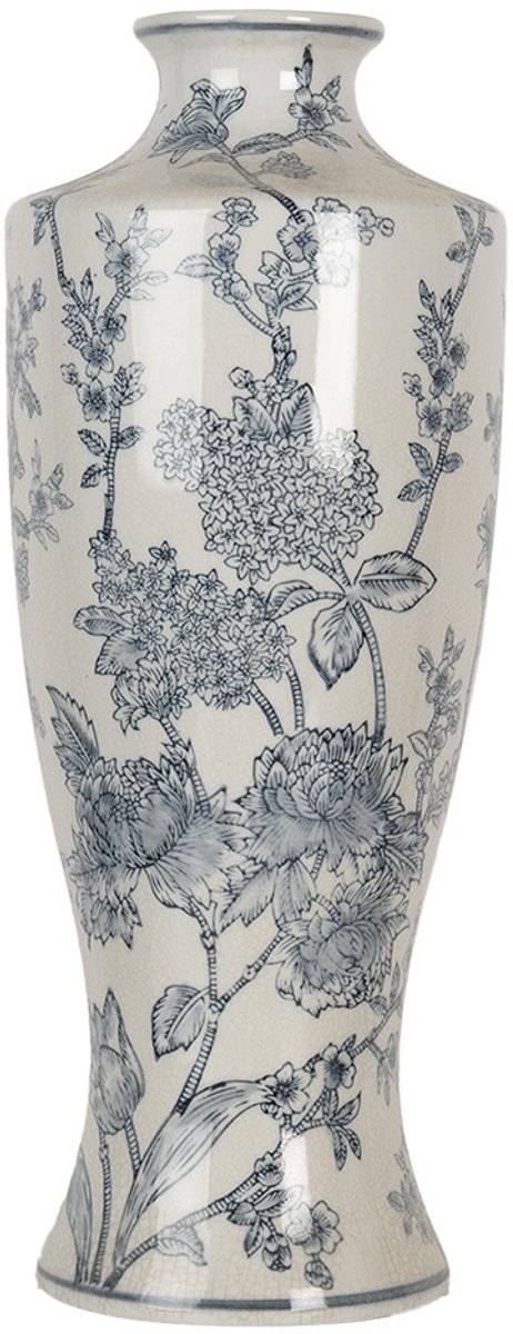 Clayre & Eef Vaas Ø 16x42 cm Wit Blauw Keramiek Bloemen