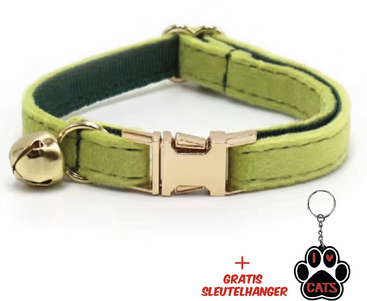 SilverAndCoco® - Groene Katten Halsband met Bel met Gratis Sleutelhanger | Velvet Kat Kitten Bandje met belletje | Kattenhalsband Suède Gouden | Kleding Decoratie | Kattenbandje Huisdier - Groen / Goud