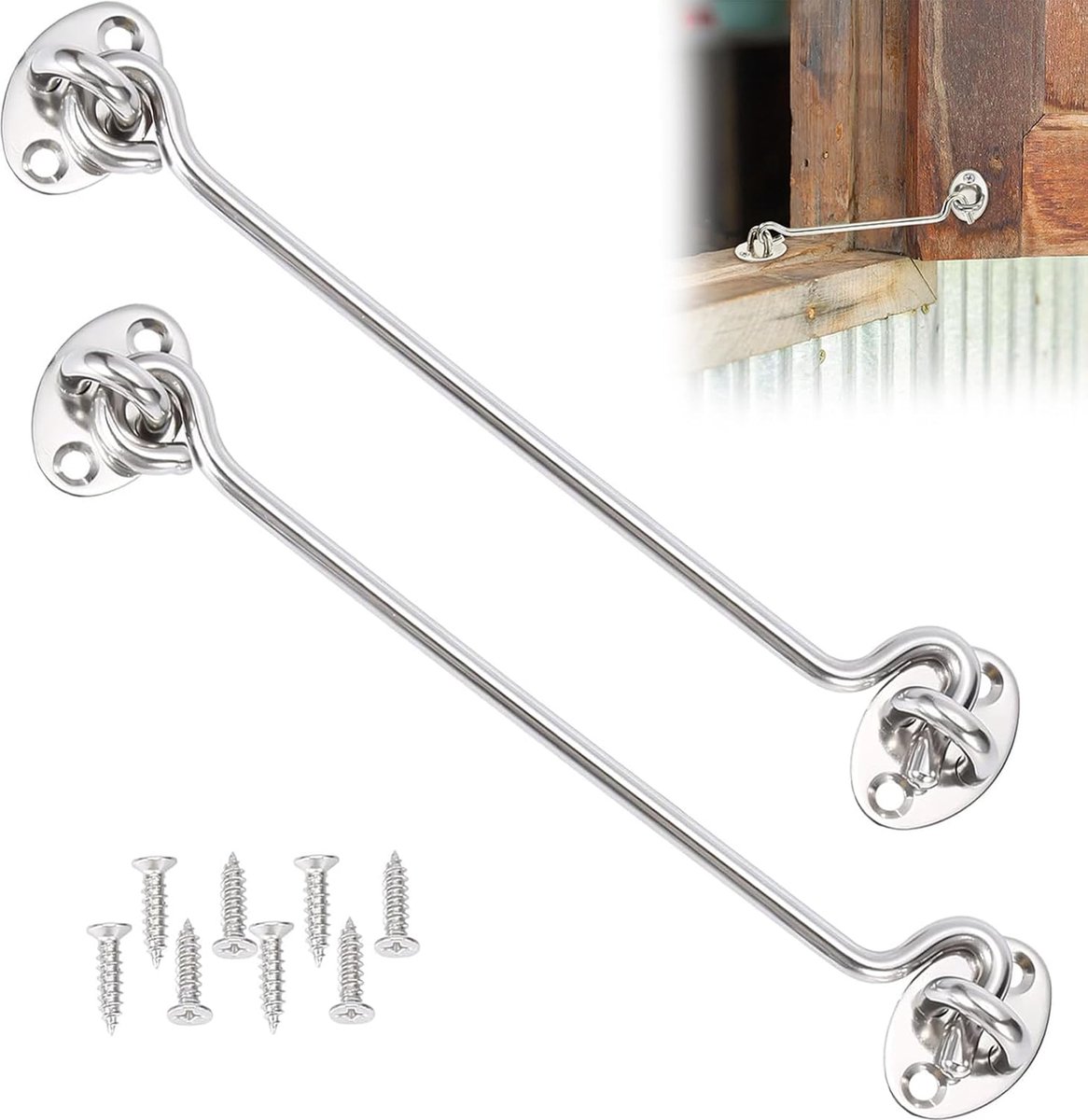 2 stuks stormhaken met oogje, stormhaak roestvrij staal, grendel deurslot, grendel roestvrij staal, stormhaak, slot van roestvrij staal, cabinehaak voor het balkon, deurgrendel (20 cm)