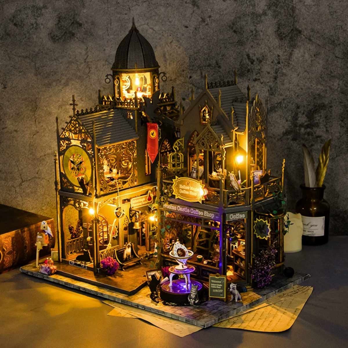 Premium DIY miniatuur poppenhuis kit-houten modelbouw-3D Puzzle-Magic Kasteel-Magisch houten poppenhuis met Led-Halloween Handgemaakte Houten-creatief bouwmodel speelgoed poppenhuis voor jongens en meisjes — afbeelding 4