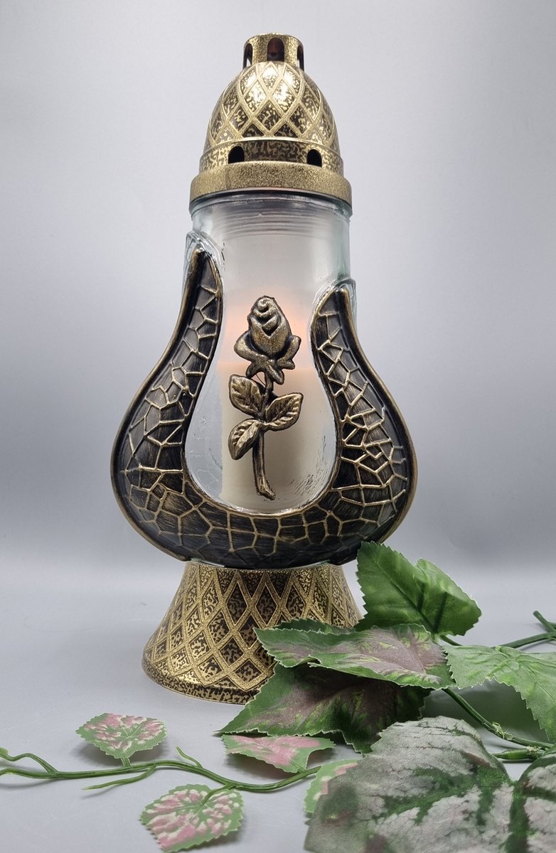 Herdenkingslicht - Exclusief - Klein Peer - Zwart / Goud - Roos - Grafkaars - Graflicht - Graflantaarn